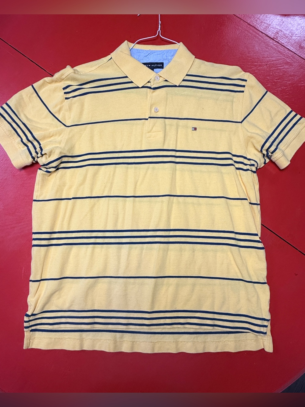 TOMMY HILFIGER YELLOW AND NAVY STRIPED SHORT SLEEVE POLO